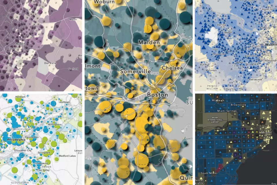 Collage of 5 GIS maps from the ESRI American Community Survey (ACS) Atlas Collection.